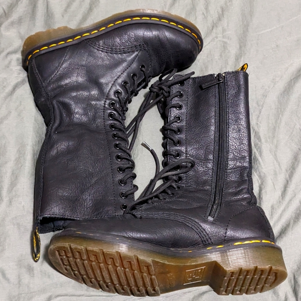 Black Lace-Up Combat Boots with Yellow Stitching